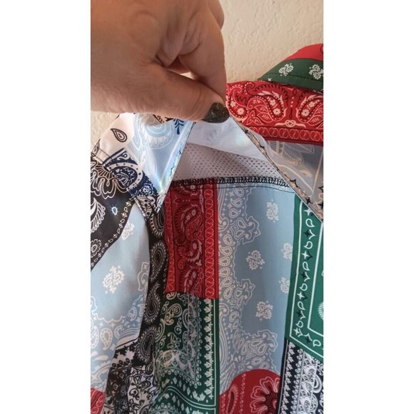 3/10 SURF SOCIETY Swimwear Bandana  Print Shirt M Beachy Artsy Funky Patchwork - Picture 4 of 7